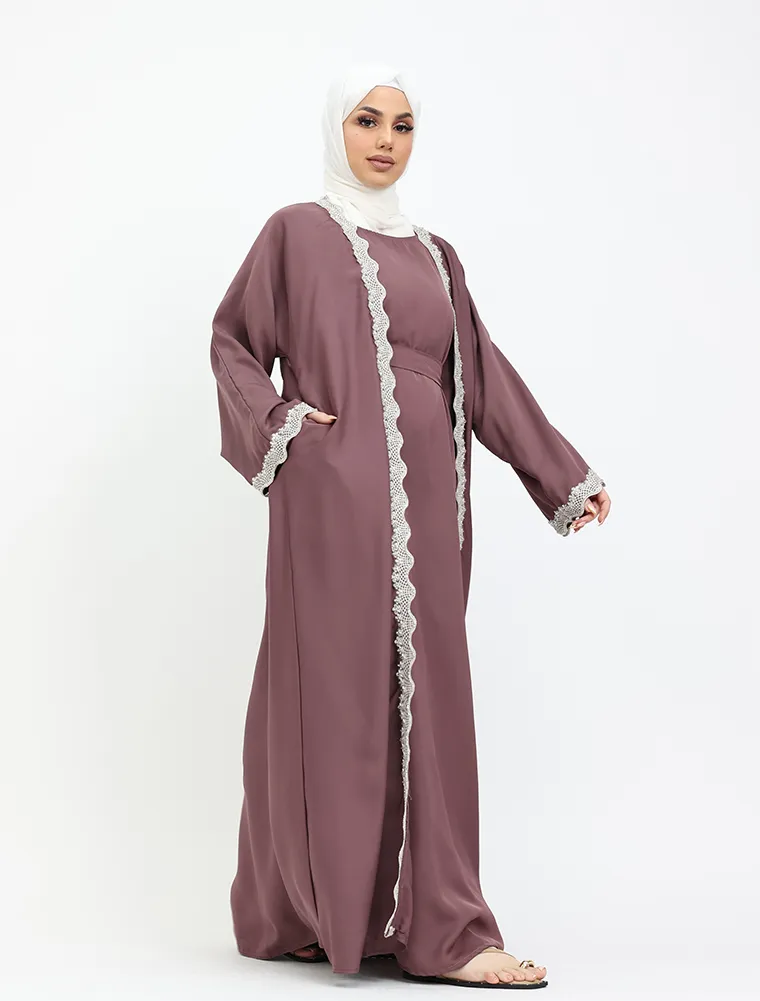Mauve Lux Lace Abaya 2 Peice